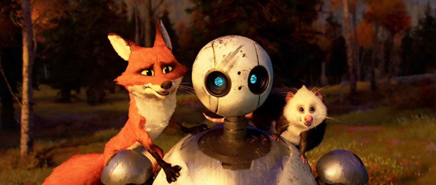 (from left) Fink (Pedro Pascal), Roz (Lupita N’yongo), and Pinktail (Catherine O’Hara) in DreamWorks Animation’s Wild Robot, directed by Chris Sanders. (from left) Fink (Pedro Pascal), Roz (Lupita N’yongo), and Pinktail (Catherine O’Hara) in DreamWorks Animation’s Wild Robot, directed by Chris Sanders.