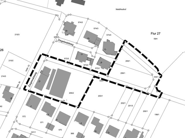 Abbildung: Abgrenzung des Geltungsbereichs des Bebauungsplans “Südlich Waldfriedhof”