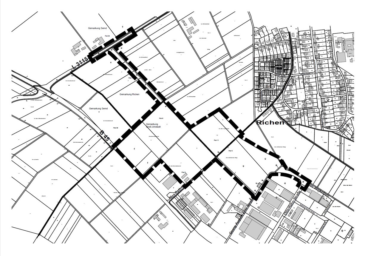 Auszug Kataster mit Geltungsbereich des Bebauungsplanes (unmaßstäblich) Datengrundlage: Amtliches Liegenschaftskatasterinformationssystem (ALKIS) der  Hessischen Verwaltung für Bodenmanagement und Geoinformation