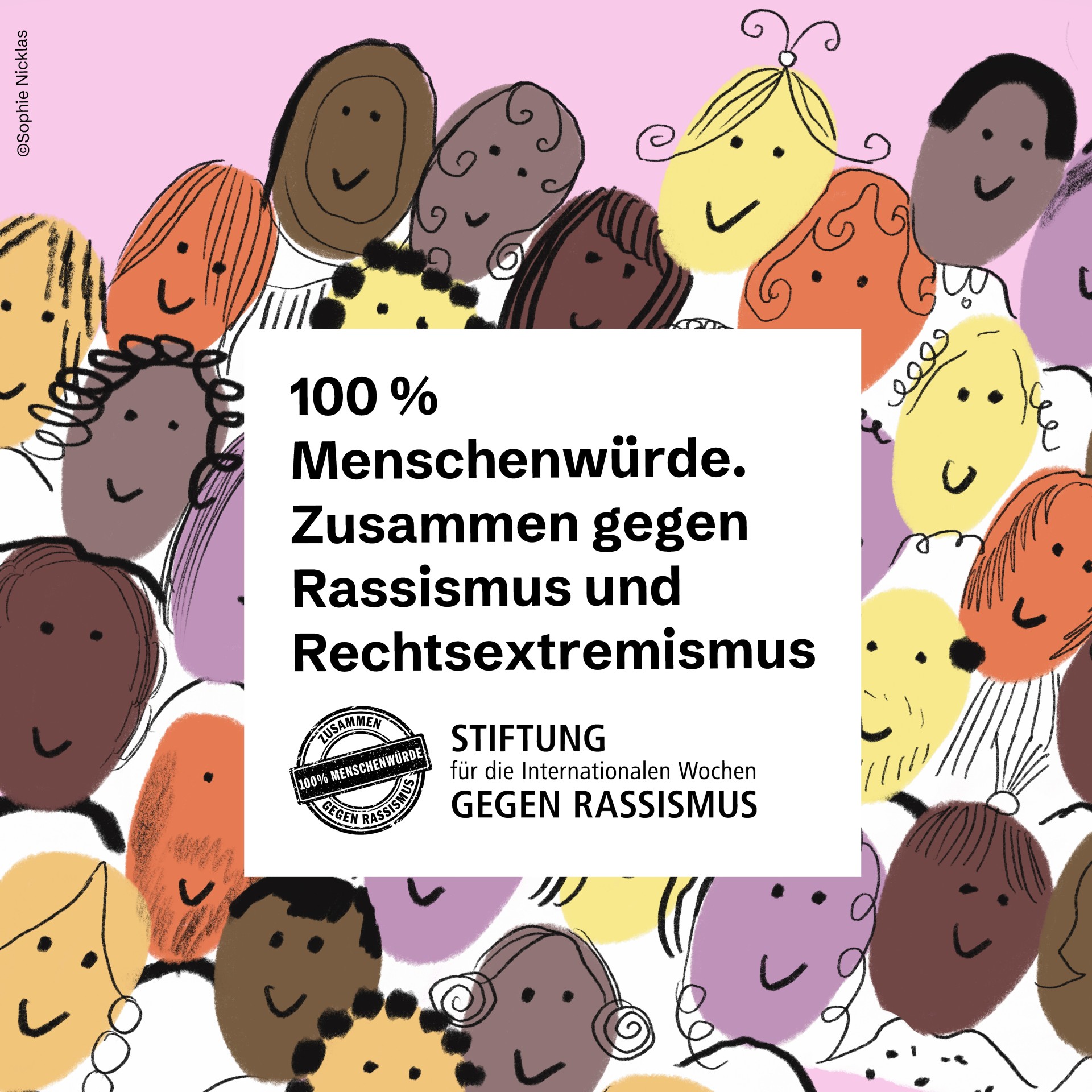 Logo: 100% Menschenwürde. Zusammen gegen Rassismus und Rechtsextremismus von der Stiftung für die Internationalen Wochen gegen Rassismus