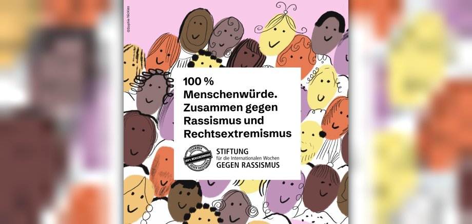 Logo: 100% Menschenwürde. Zusammen gegen Rassismus und Rechtsextremismus von der Stiftung für die Internationalen Wochen gegen Rassismus