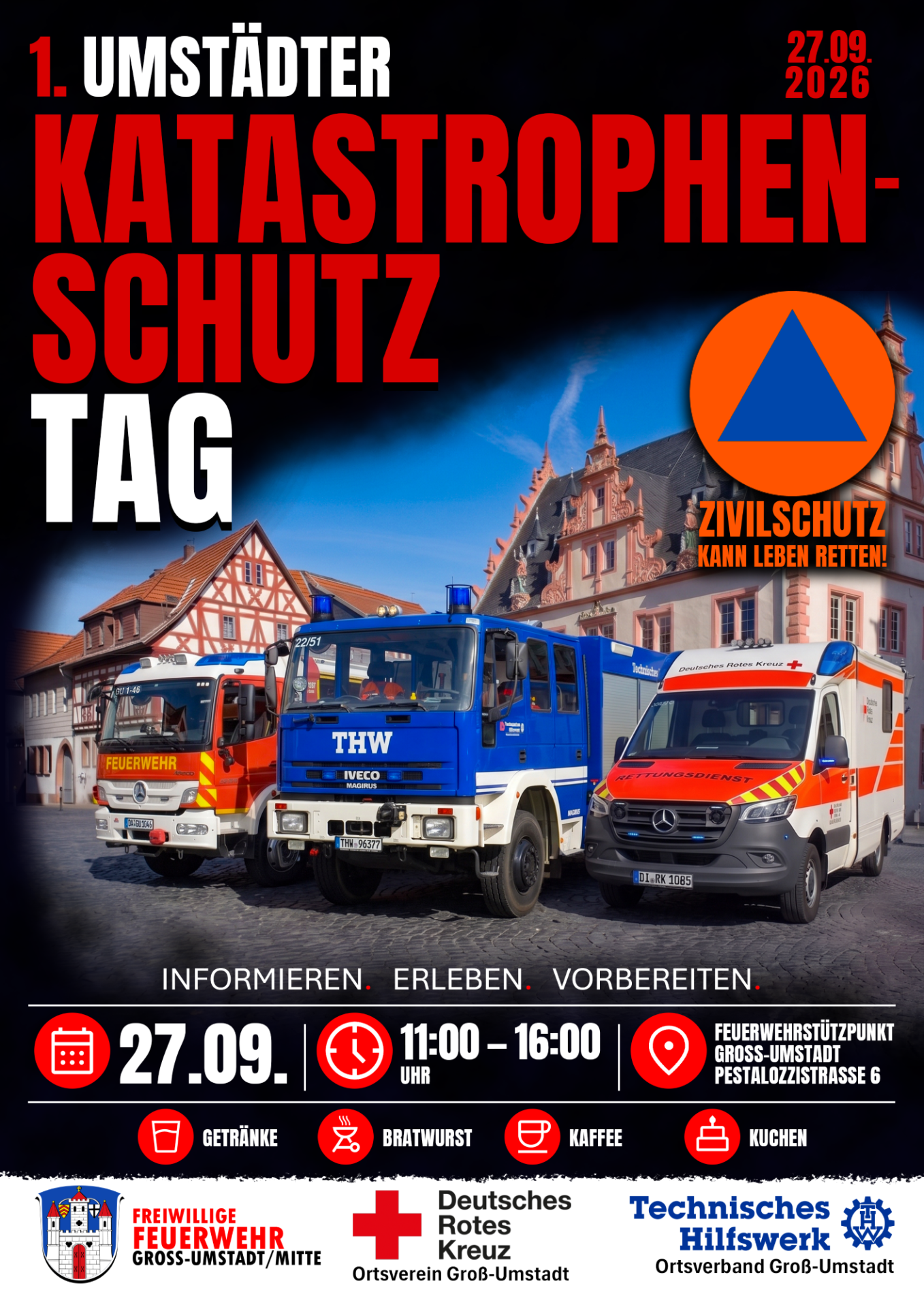 Plakat: Blaulichtorganisationsfahrzeuge vor Rathaus Groß-Umstadt