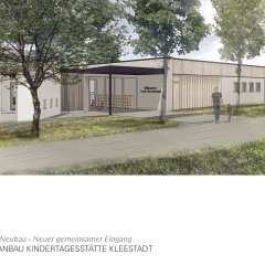 Visualisierung des neuen Eingangsbereichs der Kita in Kleestadt